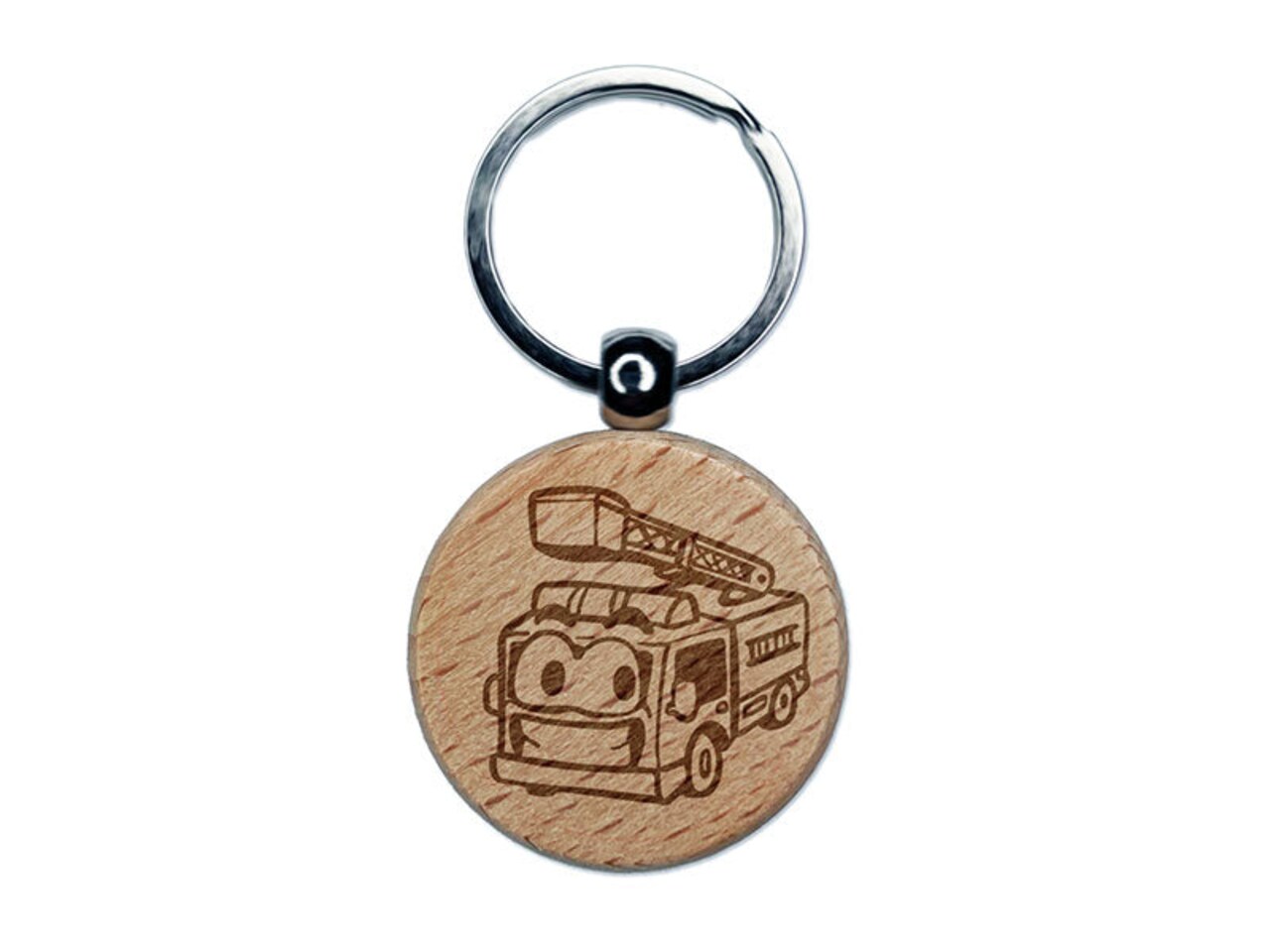 Smiling Cartoon Firetruck Vehicle Firefighter Truck Ladder Engraved Wood Round Keychain Tag Charm